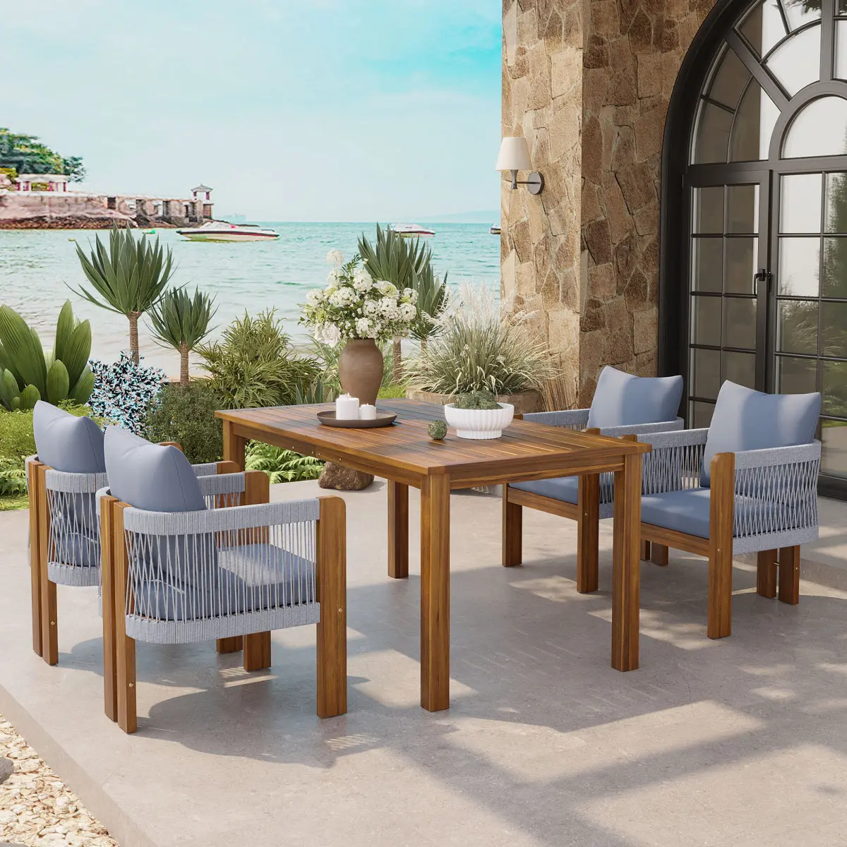 [Bellemave] 5-Piece Outdoor Patio Dining Set for 4, Solid Acacia Wood Dinning Set with Rope Woven Chairs,Farmhouse Dining Furniture Set for Garden, Backyard, Poolside