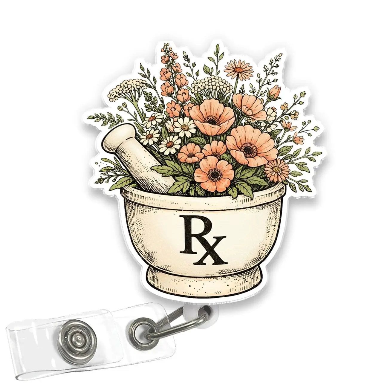 Floral RX Pharmacy Badge Reel, Cute Pharmacist Acrylic Retractable ID Holder Pharmacy Tech Medical Gift FU1