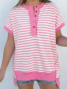 Half Placket High Low Short Sleeve Top, Made From Soft Breathable Cotton Fabric With High Stretch.