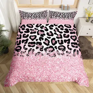 Pink Black Leopard Print Duvet Cover Full Size,Glitter Sequins Pattern Prints Bedding Sets for Kids Girls,Cheeath Wild Animal Skin Print Cover with 2 Pillowcases(No Comforter)