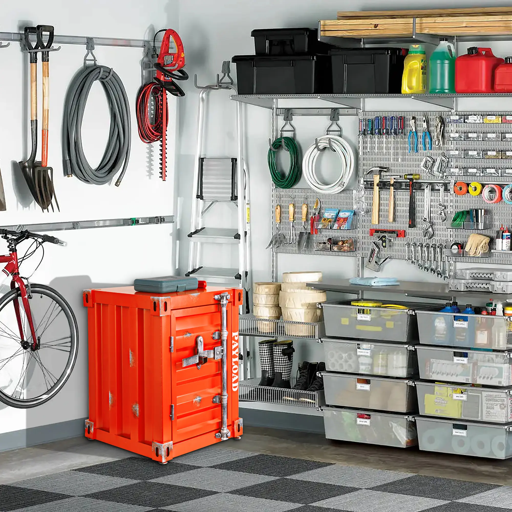 Industrial style shipping container storage cabinet side table for dad's garage