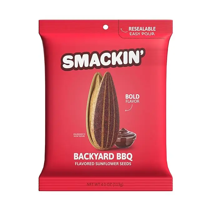 SMACKIN' - Jumbo Roasted Sunflower Seeds, No Salty Burn, American Made, Easy Pour & Seal - Backyard BBQ, 4oz Bag