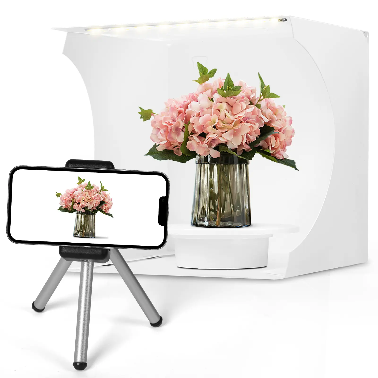 Mini E-Commerce Product Shooter, Foldable LED Portable Photo Light Box with 360° Rotating Turntable & Mini Phone Tripod Holder, USB Multi-Angle Photo Booth with 5 Color Backdrops for Home Small Item Photography Kit