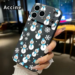 Snowman & Snowflake Symphony Pattern Straight Edge Phone Case for iPhone 17 15 16 14 Pro Max 13 12 11 XR XS Plus Air E Shockproof Full Camera Protection Durable Slim Liquid Silicone Cover Smartphone Casing