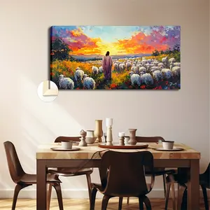 Framed Decorative Painting Canvas Home Decoration Jesus and Sheep Religious Ornaments for Bars Supermarkets Restaurants with Wooden Frame Wall Art