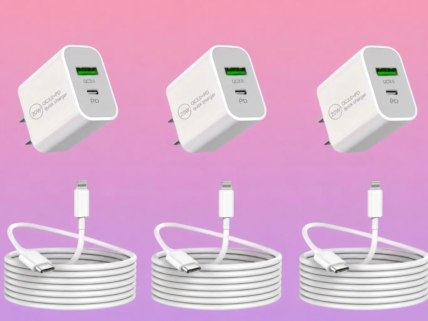 Dual USB Charger Block with USB-C Cables - Fast Charging Wall Adapter Combo Set