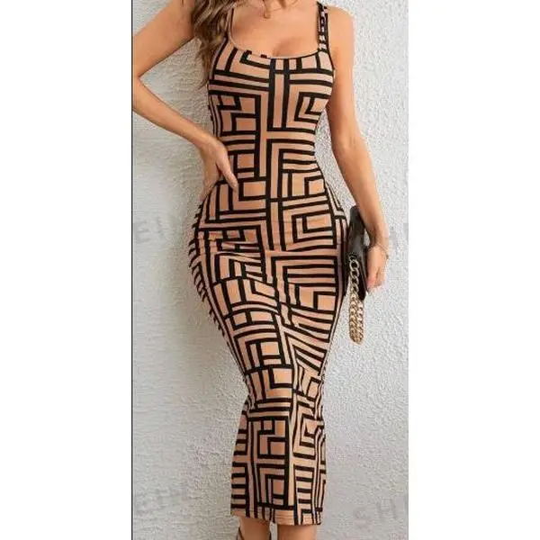 Women's Geo Print Bodycon Tank Dress, Sleeveless High Stretch Polyester Knit Fabric for a Flattering Casual Fit, Elastane, Fashion Apparel, 2Xl, 3Xl, Dry Clean
