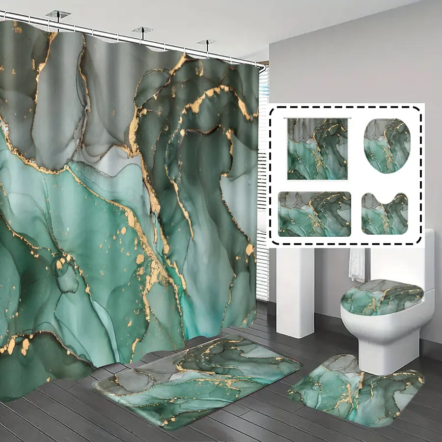 1pc/4pcs, Shower Curtain Sets, bathroom curtains shower, shower curtains, bathroom decor, bathroom rug, home decoration, bathroom mat, green ink marble pattern, abstract luxury theme decoration, bathroom set, with 12 hooks