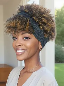 KAIRIYA 2-in-1 Afro Kinky Curly Headband Wig - Fluffy Ombre High Puff & Turban Wrap for Black Women, Perfect for Holiday Parties & Festivals, Black Woman Wigs