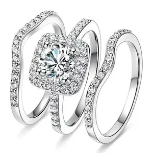 1.5 CT Round Cut Classic Three-in-One 3 Pieces Set Halo Wedding Engagement Promise Eternity Opal Ring for Women Mother Day Birthday Gift Valentine's Day gifts