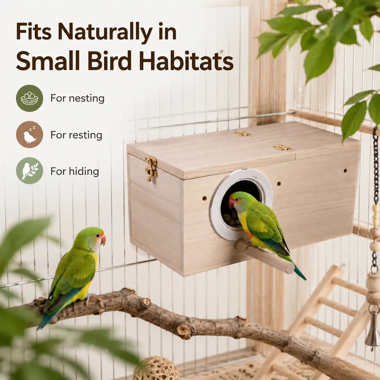 Paulownia Wood Nest Box - Single Unit Cage Accessory with Perch, Hinged Lid, Airflow Vents, Round Entry for Small Birds (Parakeets, Lovebirds, Budgies)