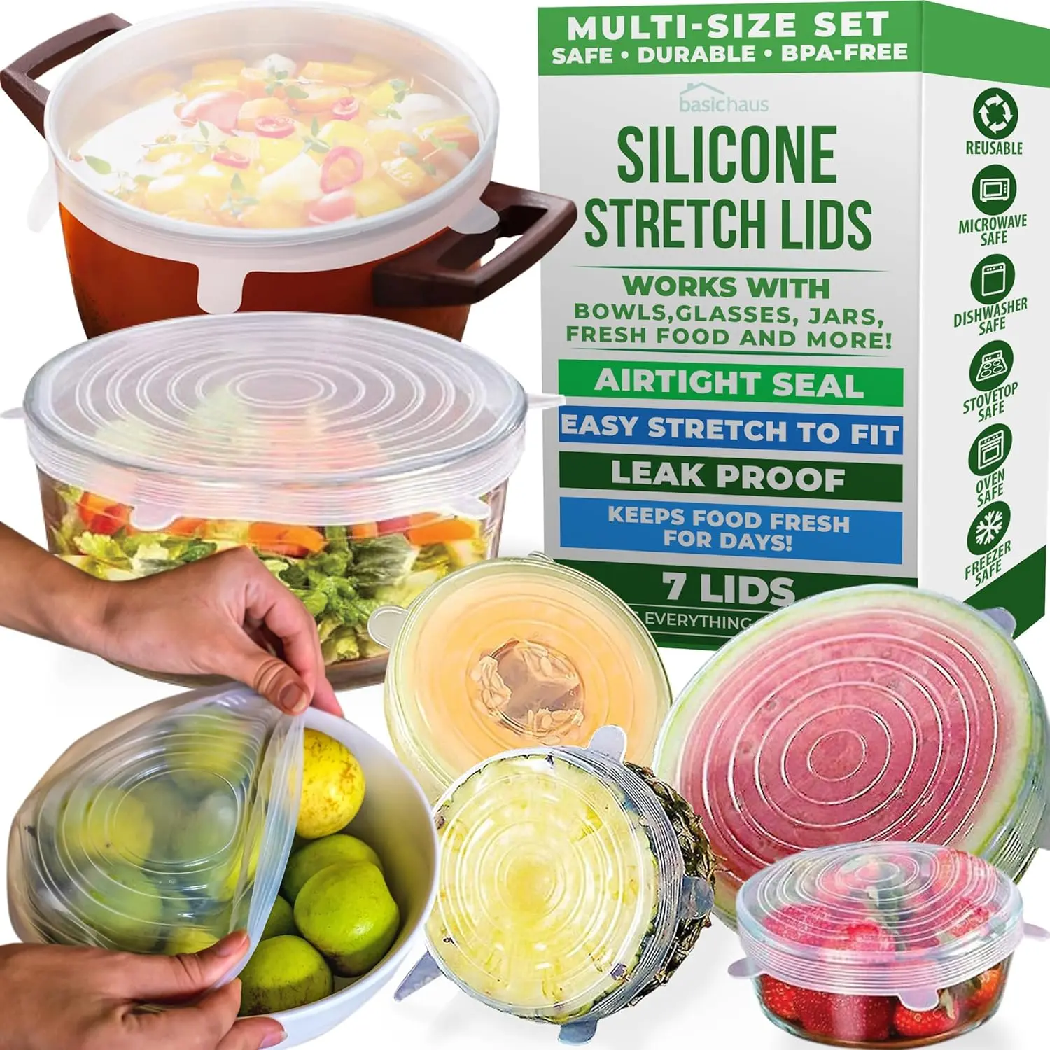 Reusable Elastic Silicone Stretch Lids - 7-Pack Kitchen Household Products, BPA-Free Food-Safe Heat-Resistant Dishwasher-Safe Covers, Fits Bowls & Cans, Fridge-Use Lids for Cups, Round & Rectangular Containers