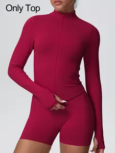 ( Only Top ) Women's High Elasticity Sporty Jacket, Fitted Long Sleeve Zipper Top, Breathable Running Training Yoga Coat with Finger Covers, Sports Yoga Jacket