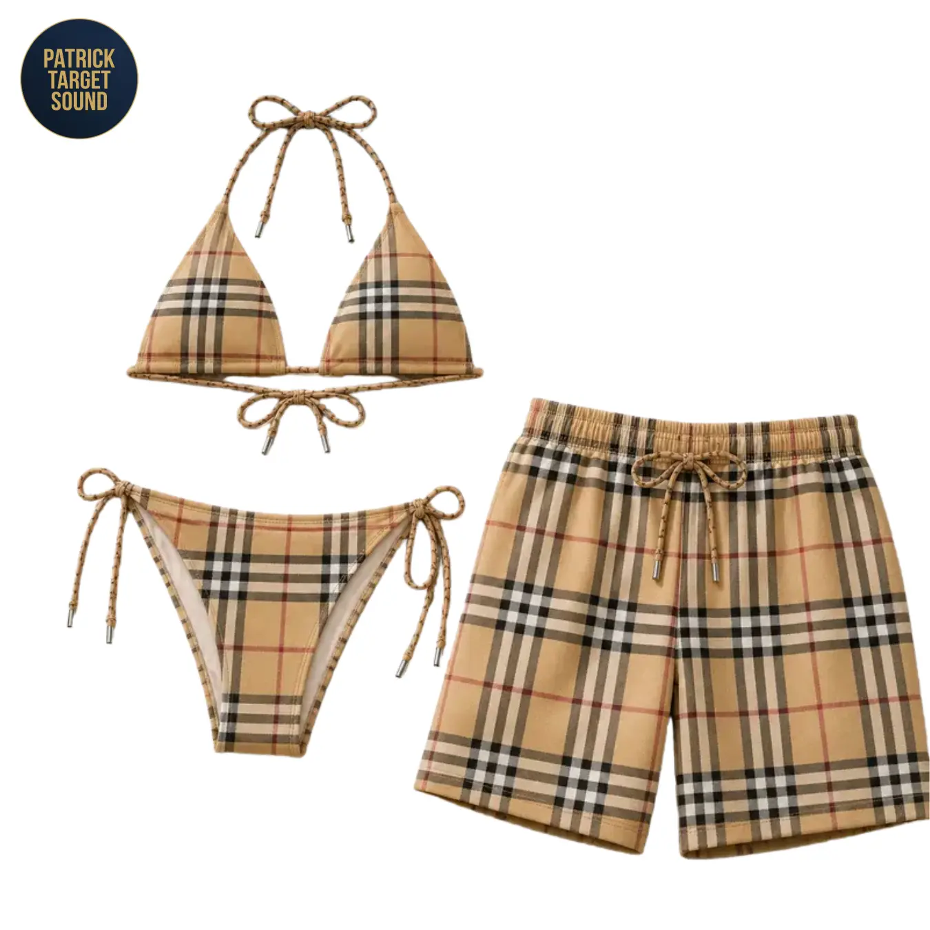 Beige Plaid Tartan Check Bikini & Swim Trunks Matching Set, His & Hers Classic Checkered Beach Couple Swimwear, Triangle Halter Bikini Top Side Tie Bottom with Drawstring Board Shorts, Lightweight Quick Dry Summer Vacation Gift