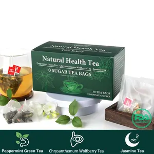 Teafy-Natural Plant Combination tea-Peppermint Green Tea&Chrysanthemum Wolfberry Tea&Jasmine Tea，no sugar, no caffeine 30  bags & Wolfberry Wellness  Time-Limited Vitality  Blend Peppermint  Bags Case Organic Digestive hot Herbal Chamomile Mint Tea
