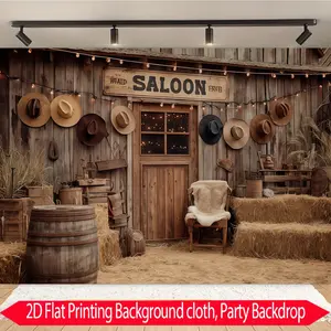 1pc Western Cowboy Saloon Backdrop Vintage Wooden House & Hat Barrel Design HD Printing Classic Western Style Thick Polyester Fabric Waterproof Tear-resistant Multiple Sizes Available Cowboy Party Photo Booth Props Reusable