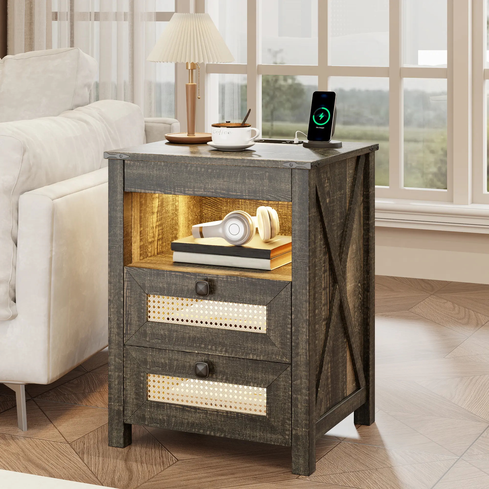 Dystler Rustic Smart Night Stand with Gun Holder Drawer - Rattan Brown Bedroom Furniture, Human Sensor LED Light Bedside End Table, USB-C Charger Station, Farmhouse Home Decor