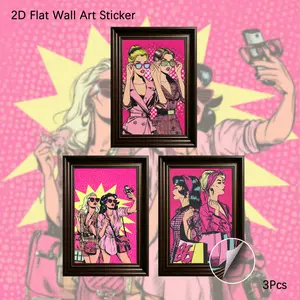2D Flat Wall Art, 3Pcs PVC Self-Adhesive Wall Decal, Vibrant Pop Art Style Fashion Prints, Pink Polka Dot Background Aesthetic Decor for Bedroom, Living Room, Closet, Perfect for Adding a Bold, Playful and Stylish Touch to Your Space