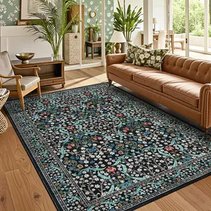 GARVEE Large 9x12 Washable Vintage Floral Area Rug for Living Room, Stain Resistant, Easy to Clean Indoor Carpet with Non-Slip Backing, Folding Floor Cover for Bedroom, Nursery, Apartment, Black