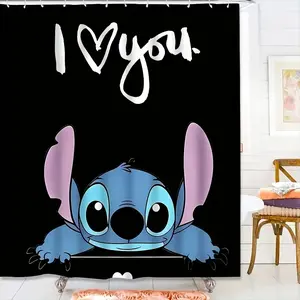 DISNEY CLASSIC Stitch Shower Curtain - "I Love You" Print, Waterproof Polyester with Hooks, Cute Cartoon Bathroom Decor