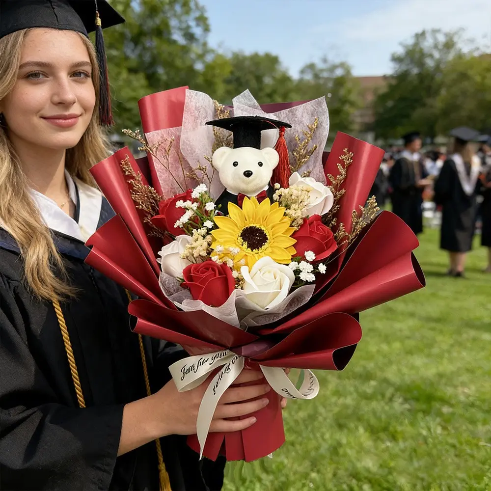 Bouquet with Sunflower Rose & Bear, Artificial Flower Bouquet with Graduation Cap, Perfect Photo Prop & Gift for Graduation Ceremony, Memorial Day & Back to School, Elegant Preserved Flower Bouquet