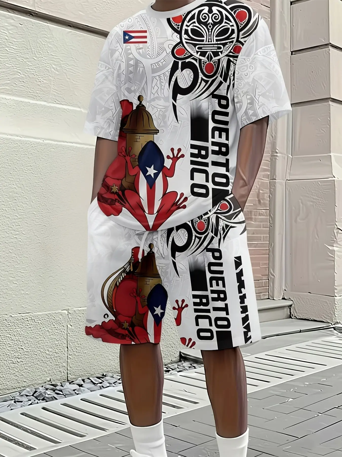 Puerto Rico Theme Men's Short Sleeve Sport T-Shirt, Fashion Print Fitted Casual Top, Polyester Breathable Fabric, Comfortable and Stylish, Puerto Rico Unique Print, Casual Sportswear, Casual Athletic Wear