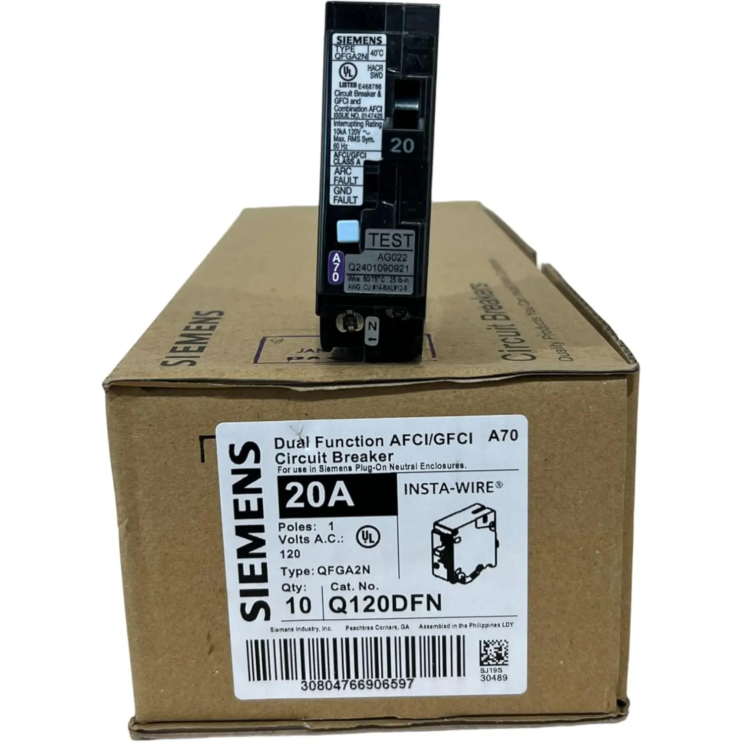 Siemens QP Q120DFN Dual-Function AFCI/GFCI Circuit Breaker, 20A Single-Pole 120V, Arc Fault Protection for Bathrooms & Kitchen Circuits (10 Pack)
