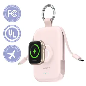RORRY Portable Power Bank 5000mAh Watch Charger USB-C & Lightning Cable Keychain Design for Easy Carrying Multi-Color to Match Backpack, Compatible with Apple Watch & iPhone Smartphone