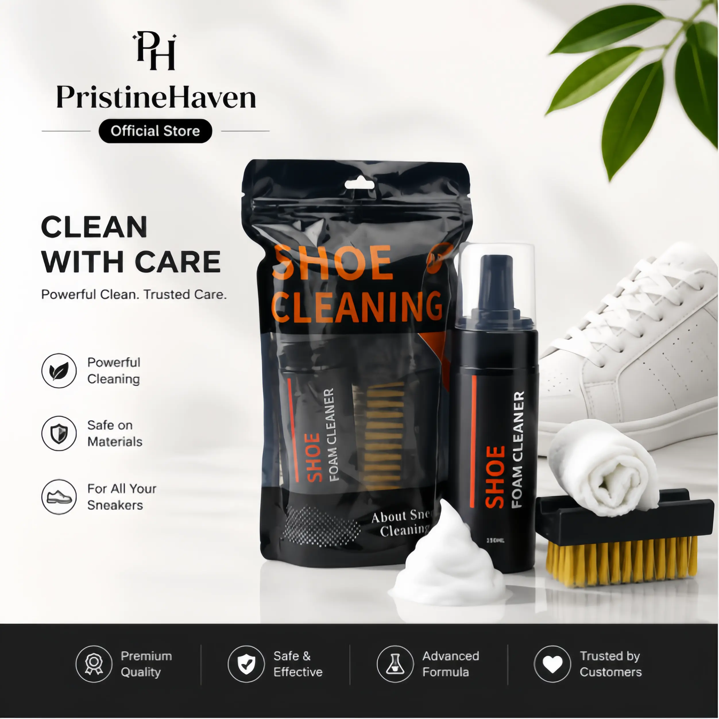 Complete 4-In-1 White Shoe Cleaning Kit| No Water Washing| Safely Cleans Sneakers & PU Leather Shoes Durable Shoe Foam Cleaner Spray With Cleaning Brush & Microfiber Towel