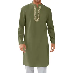 PASLTER Mens Kaftan Thobe Button Down Casual Henley Shirts Long Sleeve Robe Cotton Linen Muslim Gown Shirt