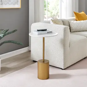 Fritz Midcentury Modern Pedestal Side Accent Table with Gold Metal Base and Genuine White Marble Stone Tabletop