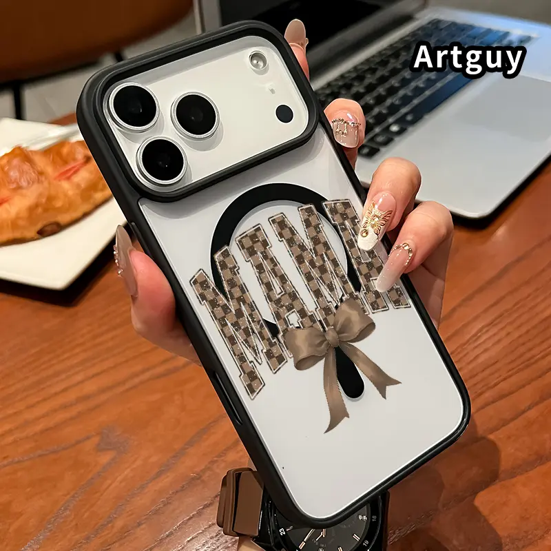 Magnetic Phone case for iPhone 17 16  Pro Max Plus 15 14 13 12 11 Air E Elegant Mama Bow Pattern Non-Yellowing Shockproof Soft Silicone Transparent Acrylic Cover Supports Wireless Charging