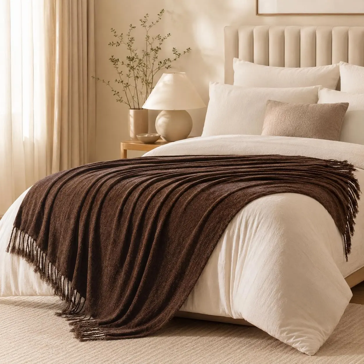 Battilo I Fluffy Comfy Chenille Throw Blanket - Handmade Fringe Adds Luxe Texture, Stylish Tassels Add Charm, Lightweight Breathable Warm No-Shedding Farmhouse Decor for Sofa (50"x60"), Cozy Gift for Birthdays and Holidays Fluffy Blanket