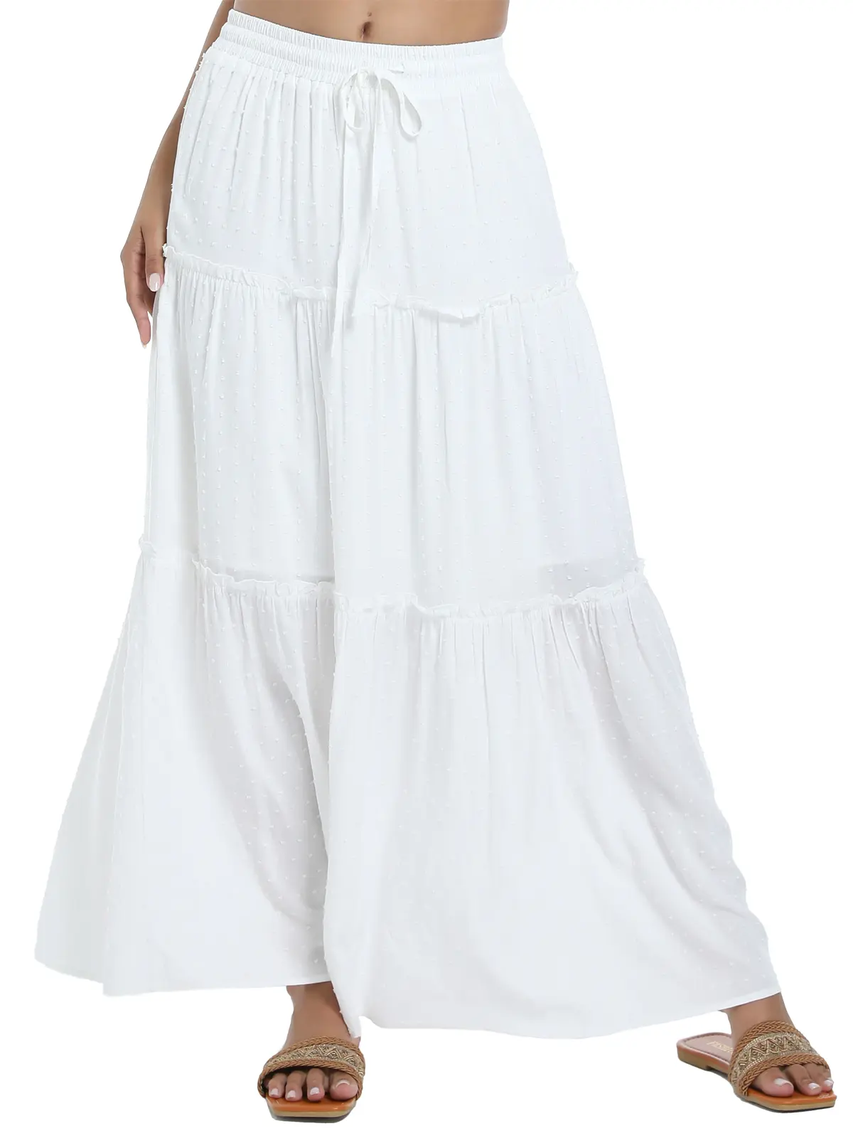 Rivome Women's Chic Bohemian Beach Girl Aesthetic Rayon Maxi Skirt - Flowy Tiered Solid A-Line, Elastic High Waist with Drawstring, Lightweight New Year Bottoms for Summer, Outdoor Events