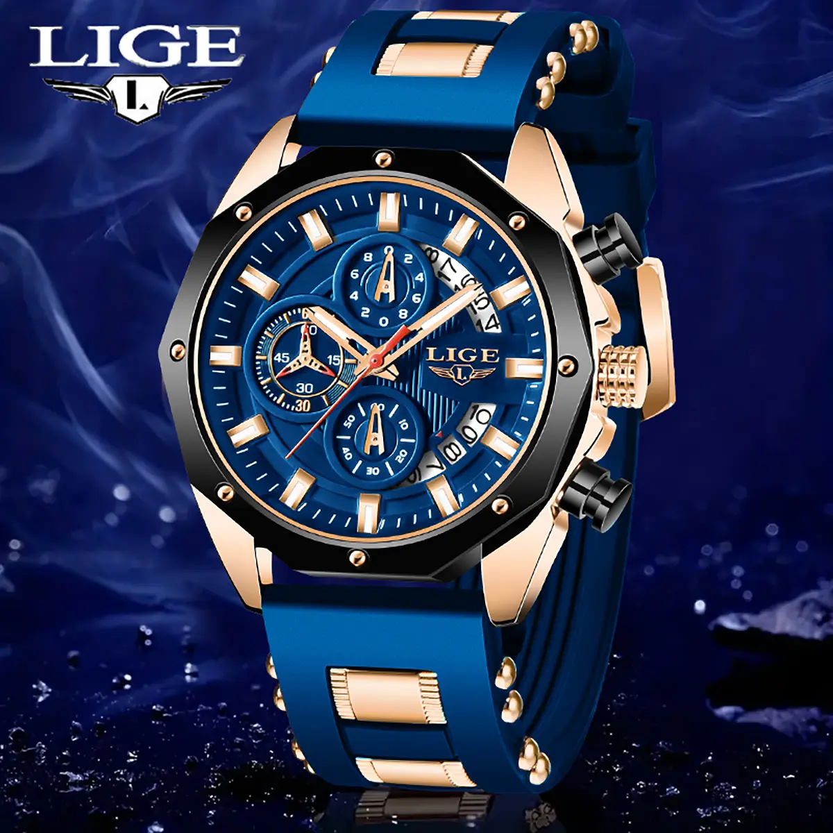 LIGE Casual Fashion Men's Watch - 46mm Large Round Alloy Dial, Quartz Movement, Silicone Band, Calendar Function, 30M Water-Resistant Analog Chronograph, Luminous, Mineral Glass, Men's Watches, Casual Fashion Men's Watches