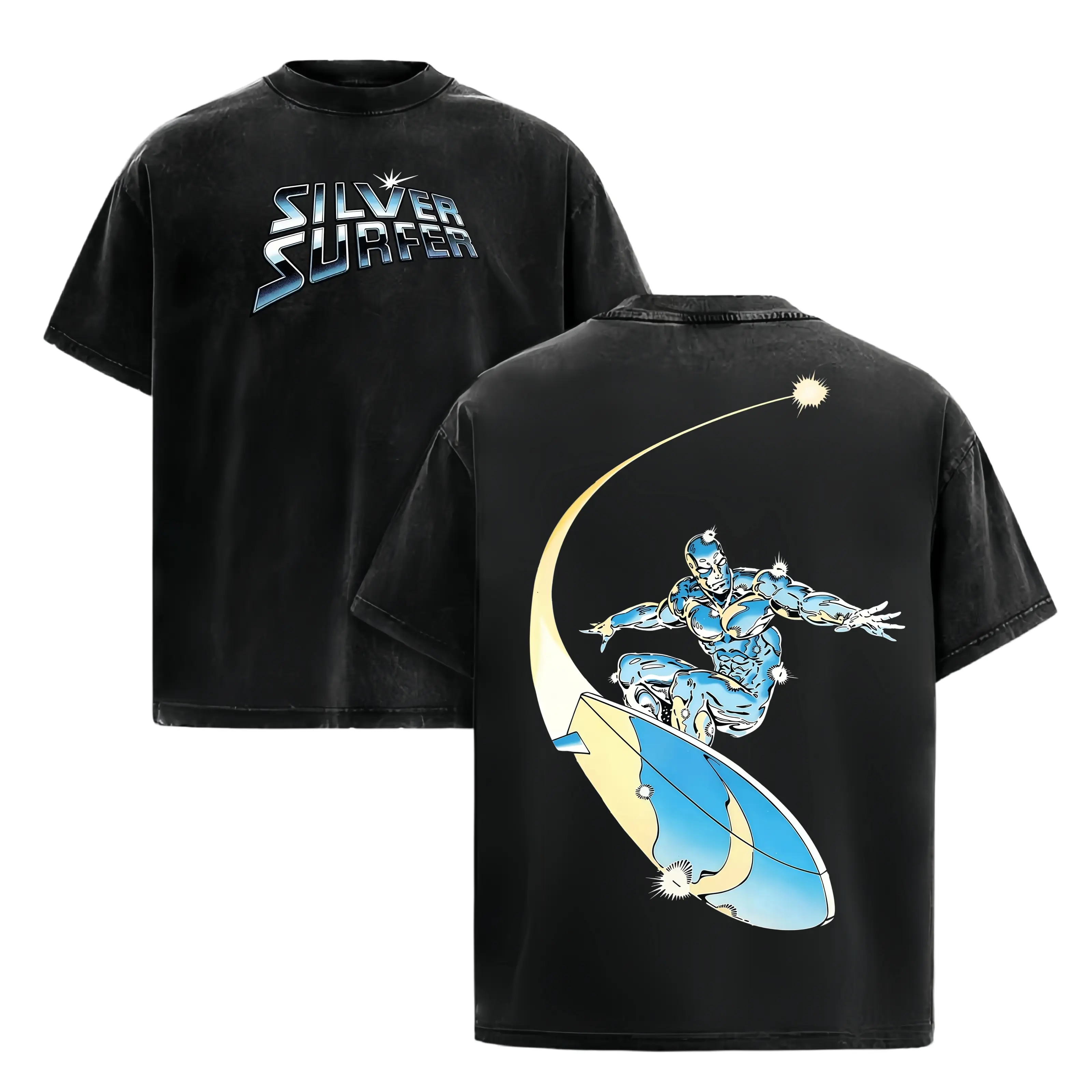 BoldThreads Silver Surfer – Herald of Galactus Vintage - MCU Comic Edition Double Printed Oversize Lightweight Acid Washed Tee Vintage Comic Design Top Cotton Superheroes Streetwear T-Shirt Clothes Menswear Womenswear.