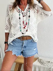 Women's Bohemian V Neck Batwing Sleeve Knitting Sweater Knitwear, Lightweight Breathable 100% Polyester Summer Top, Hollow Out Design, Solid Color Casual & Vacation Wear