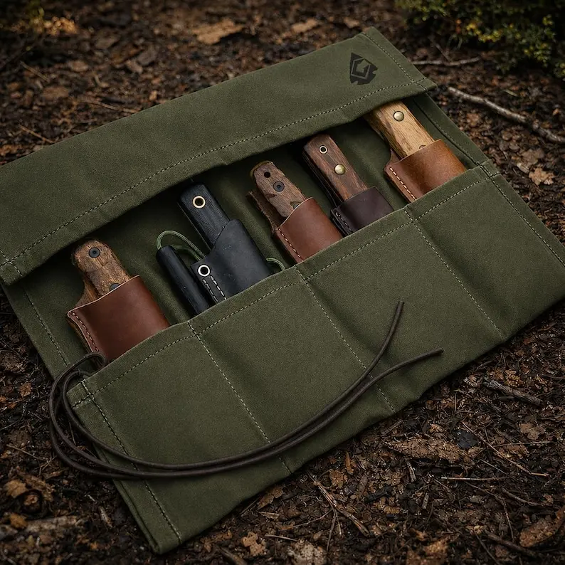 Waxed Canvas Knife Roll: Bushcraft Camping Tool Organizer