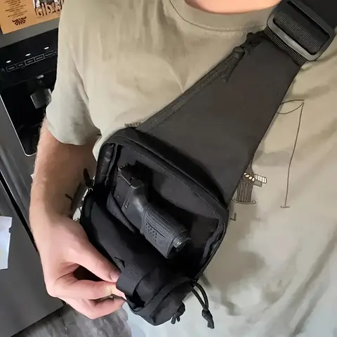 Male Black Nylon-Polyester Concealed Carry Gun Holster Sling Bag - Waist Belt Bag, Concealed Carrying Belt, Small Pistol Chest Holder, Outdoor Safe Sports Accessory, Casual Travel Use, Zipper Closure
