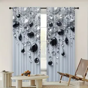 Diamond Crystal Print Curtains Set, Fashionable Rod Pocket Window Drapes for Bedroom & Living Room, Comfortable Atmosphere, Easy Installation, Room Decor Curtain