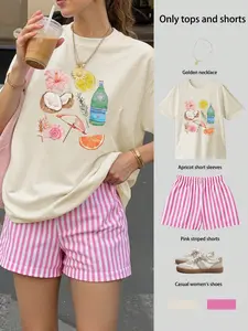 Women's Floral Print Round Neck T-Shirt Set with Striped Shorts, Casual Loose Fit for Daily Wear and Outdoor Activities Womenswear