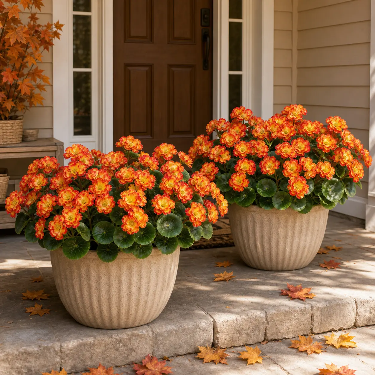8/16 Pcs Bulk Pack Artificial Orange-Yellow Fall Begonia Decorative Flowers, Floral Decoration & Artificial Floral Ornaments for Thanksgiving Outdoor Home Decor, Porch Planters (Pot Not Included)