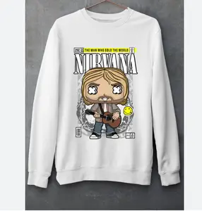 Nirvana Cartoon Graphic Sweatshirt, Kurt Cobain Fun Pop Art Design, Unisex Cotton Crewneck Pullover, Long Sleeve Casual Band Sweater, Retro Music Fan Streetwear for Men and Women