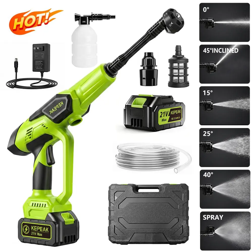 【SUMMER SALE】KEPEAK Cordless Power Washer, 1500PSI 21V 200W 13000mAh Rechargeable Battery, Portable Electric Cleaner with Adjustable Water Pressure, 6-in-1 Nozzle, Wand, Foam Cannon, 5M Hose & Accessories, Ideal for Father's Day Gifts