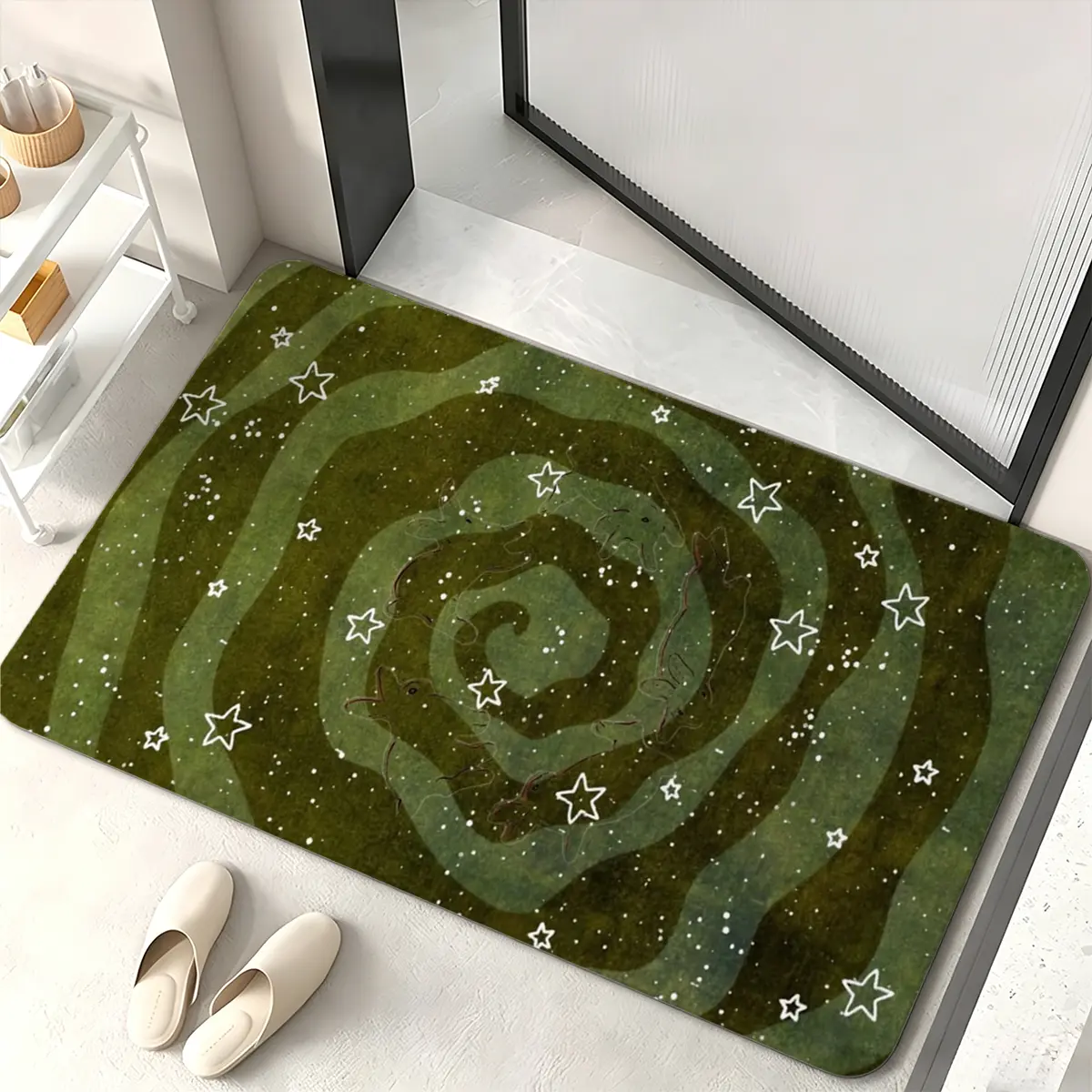 Abstract Galaxy Flannel Area Rug, Green Spiral Star Pattern Floor Mat, Modern Aesthetic Machine Washable Non Slip Door Mat, Stain Resistant Carpet for Bedroom Living Room Office Entryway Car Footwell Decor, 16x24in 20x32in