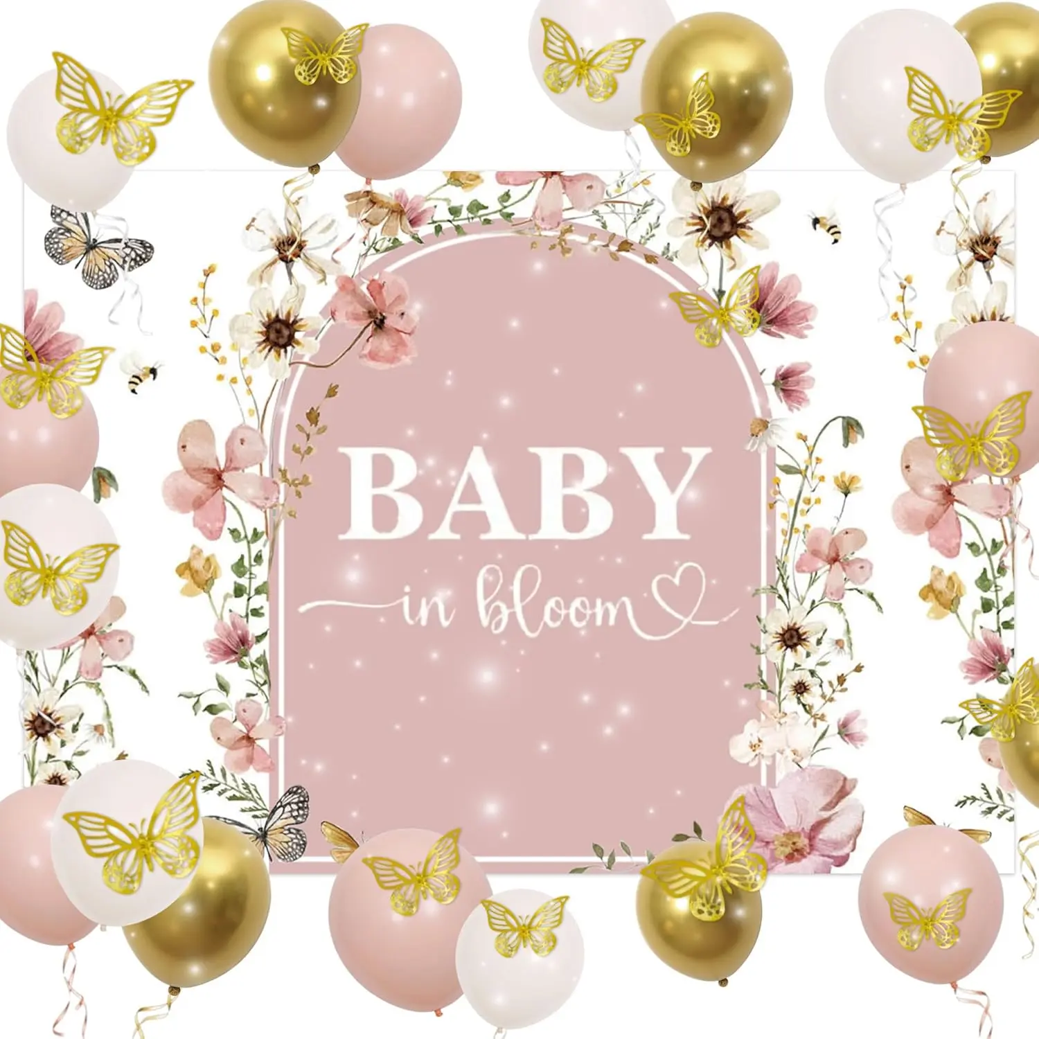 Baby in Bloom Backdrop Pink Floral Baby in Bloom Baby Shower Decorations Girl Wildflower Themed Party Decoratons 3D Butterfly Decor Party Supplies