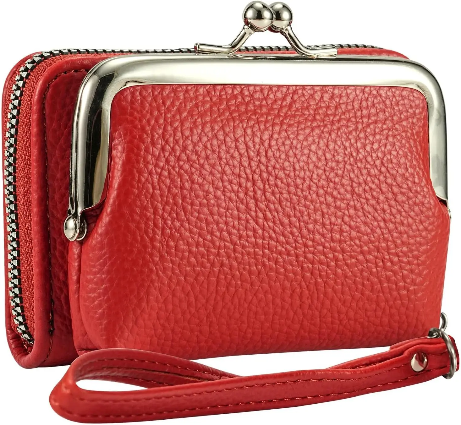 Women's Wristlet Wallet with  Purse - 9 Slot Zipper Card Organizer, PU Leather Wrist Wallets for Women with Kiss Lock & Detachable Strap, Multi-Functional Compact Wallet(Red)