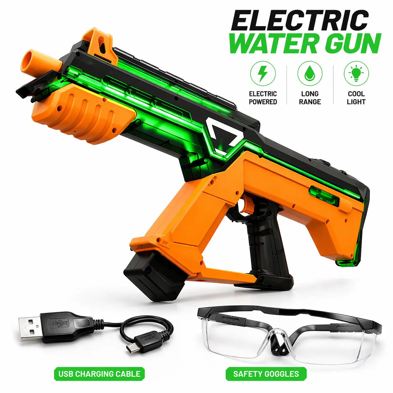 Rechargeable Electric Water Blaster with LED Lights, 40 Mins Play Time, USB Charging Cable & Safety Goggles, Kids Outdoor Play Water Gun for Summer Pool Beach Toy Gift, Water Guns