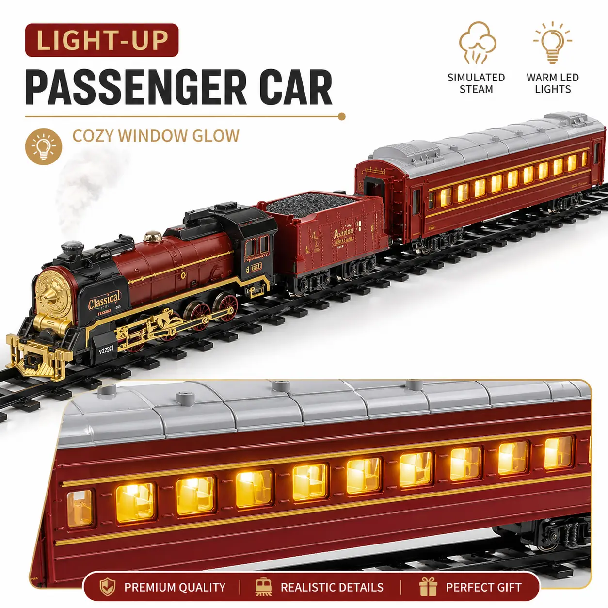 Lighted Christmas Train Set with Remote Control, Steam Mist Classic Railway Toy with Sound & Whistle for Kids Gift