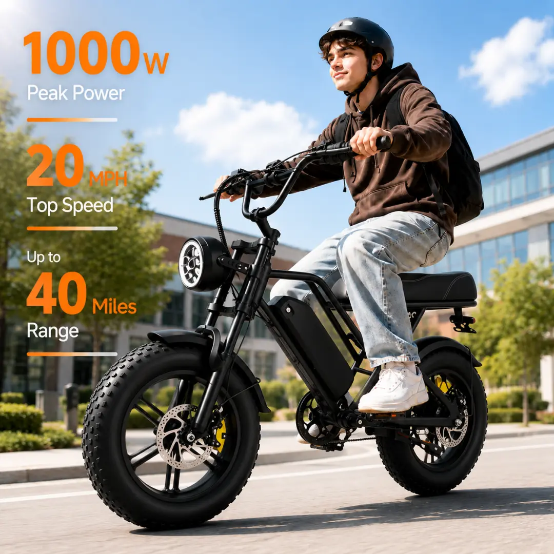 Adults' 1000W Peak Electric Bike - 15Ah Battery, 16-in Fat Tires, 20 MPH Top Speed, 40-mi Max Range, Dual Suspension, Mechanical Disc Brakes, LED Display, 1-Touch Electric Start, 264.55 lb Max Load, UL 2849 Certified